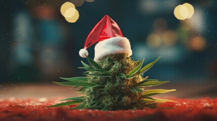 Santa Claus Hat on Marijuana Leaves. Hemp Christmas