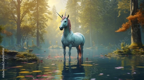 as unicorn with one horn standing at the lake magic generative ai