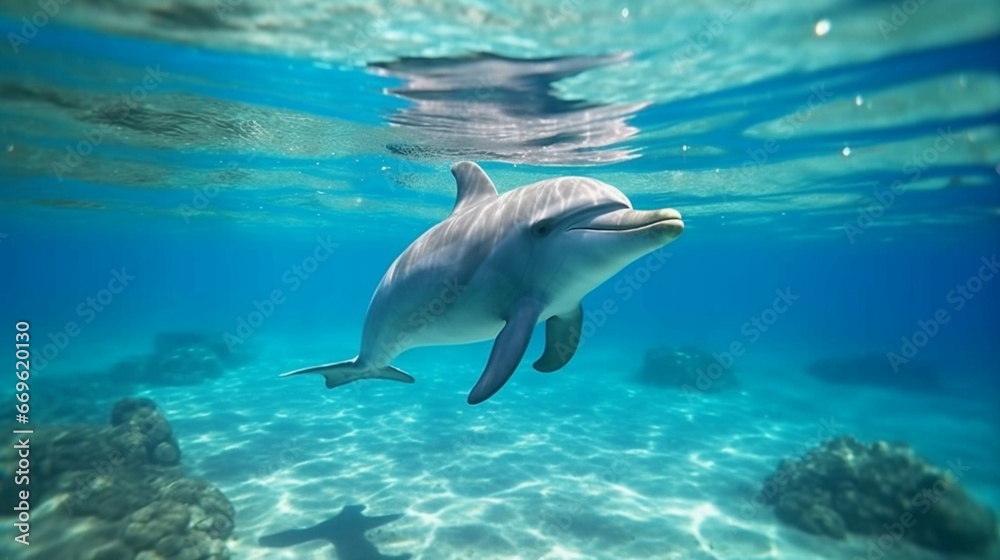 Fototapeta premium beautiful dolphin swimming in a clear blue sea generative ai