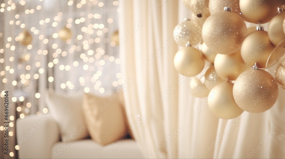 White and Gold Christmas Living Room with Curtains and Blurred Window: Festive Decor, Tree, Presents, and Glowing Lights White and Gold Christmas Living Room with Curtains and Blurred Window: Festive Decor, Tree, Presents, and Glowing Lights
