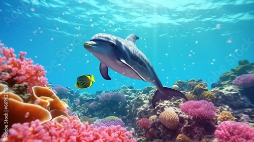beautiful dolphin swimming in a clear blue sea generative ai