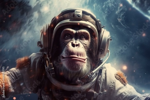 Astronaut chimp showcasing strength. Generative AI