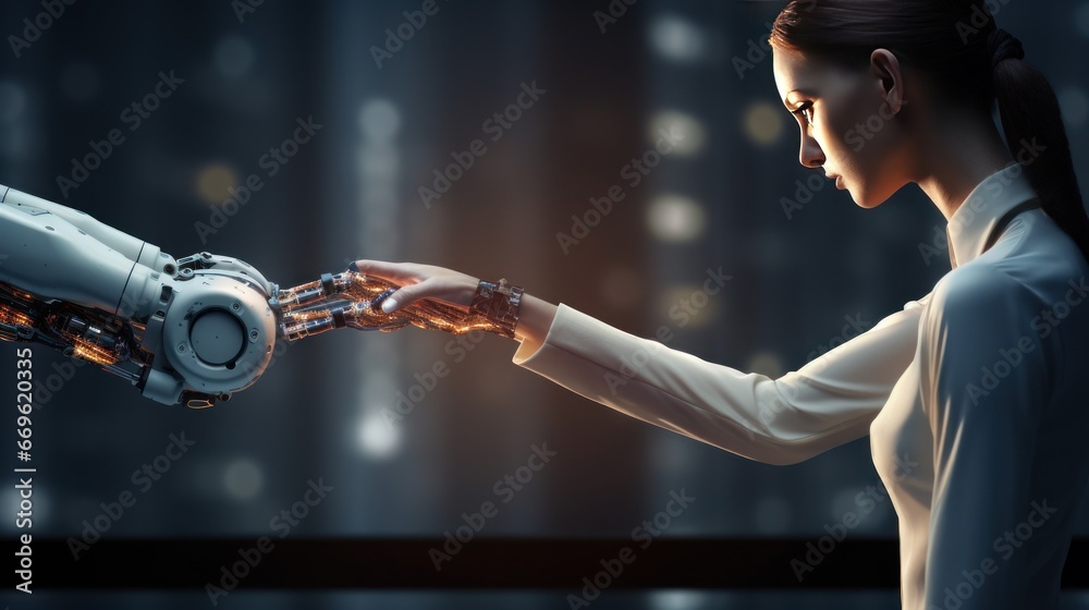 Robot's arm touching hand with person, robot and woman, technology - obrazy, fototapety, plakaty 