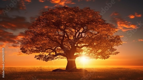 Beautiful tree at sunset vibrant orange with free cop generative ai