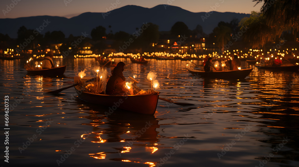 Twilight on Lake Pátzcuaro, Michoacán: boats with lit candles for Day of the Dead, silhouettes against a mountain backdrop
