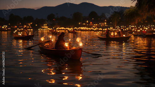 Obraz na płótnie Twilight on Lake Pátzcuaro, Michoacán: boats with lit candles for Day of the Dead, silhouettes against a mountain backdrop w salonie