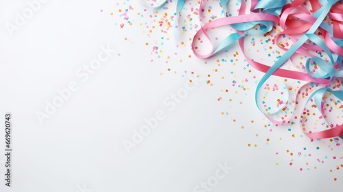 confetti and paper streamers flat lay style copy text, party invitation blue pink