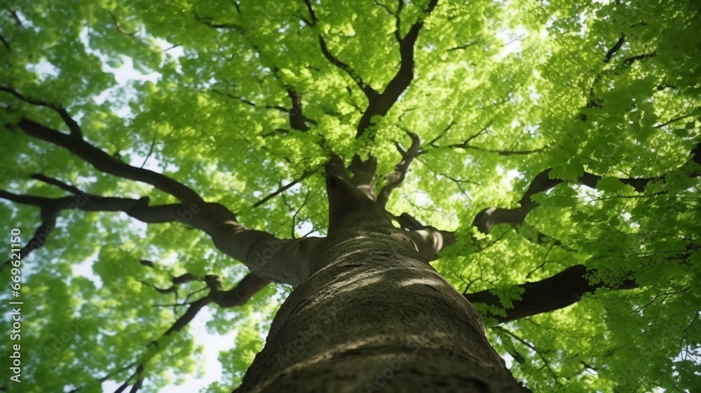 Fototapeta premium Bottom view along the trunk of the fresh green generative ai