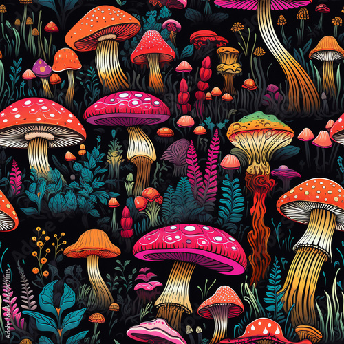 Nahtloses Muster mit magischen Pilzen, bunte Farben, Nachtleuchten