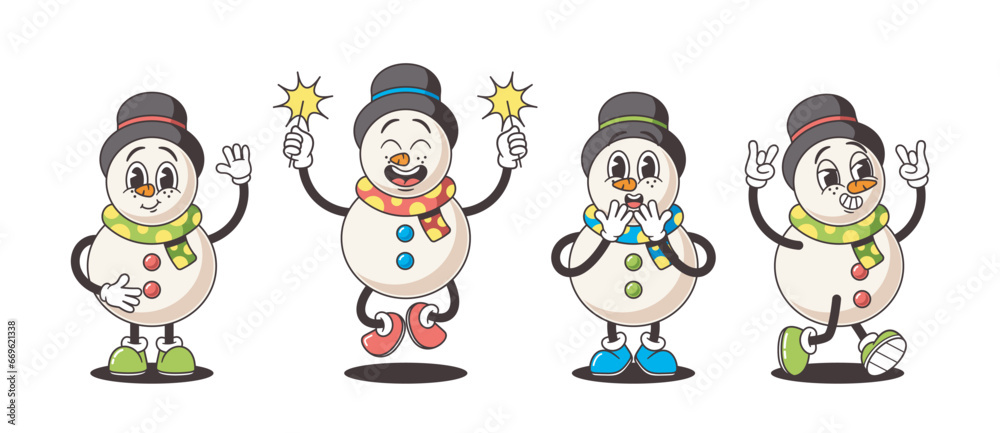 Snowmen Characters In Nostalgic Retro Style, Exude Timeless Charm. Funny Groovy Winter Personages With Coal Eyes