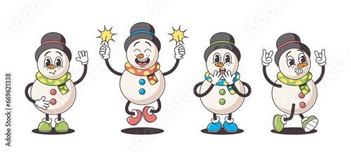 Snowmen Characters In Nostalgic Retro Style, Exude Timeless Charm. Funny Groovy Winter Personages With Coal Eyes
