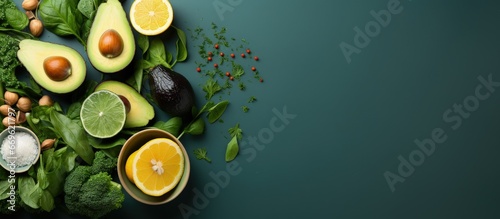 different foods with different vitamins and minerals  such as avocado  spinach  and eggs on a green background stock foto  in the style of innovative page design  minimalist backgrounds  avocadopunk  
