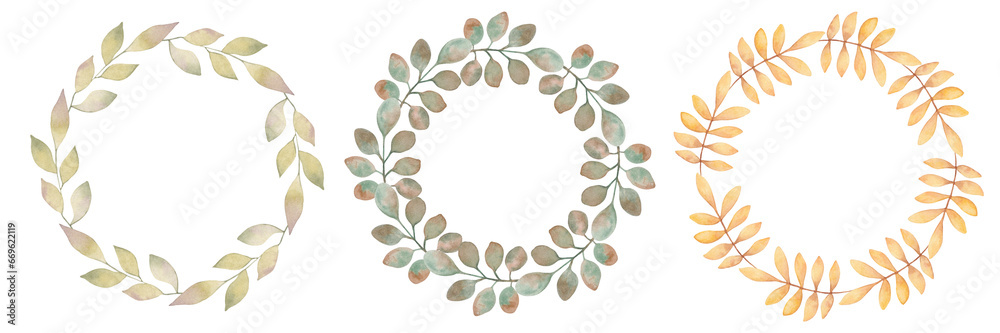 A set of elegant round frames, garlands, wreaths or borders made from branches with leaves. Botanical design element. Suitable for Thanksgiving cards, invitations, quotes. Handmade watercolor art.