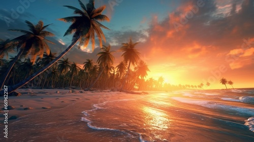 A beautiful beach with coconuts trees at sunset generative ai © Abonti