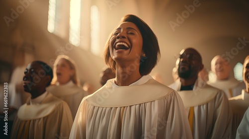 a church choir singing hymn with joy, showcasing the power of music in worship. generative AI photo