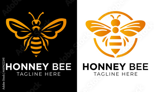 Honey bee logo design template with vector illustration. Flying honey bee icon symbol in line, flat, and color style. Vector illustration