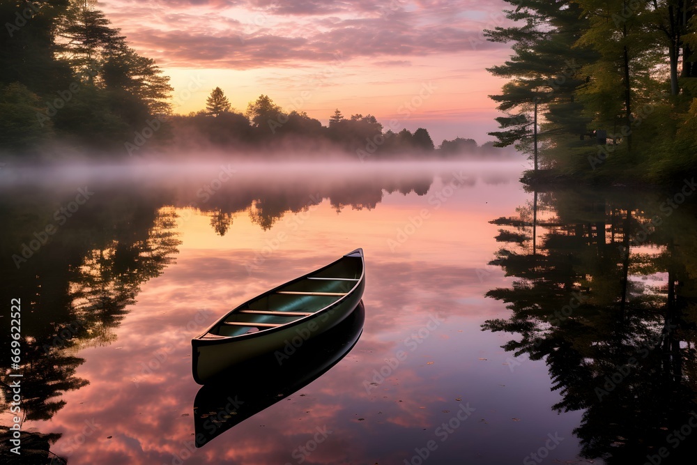Dawn's Ethereal Glow on Tranquil Lake with Solitary Canoe Amidst Dense Tree Canopy Dawn's Ethereal Glow on Tranquil Lake with Solitary Canoe Amidst Dense Tree Canopy