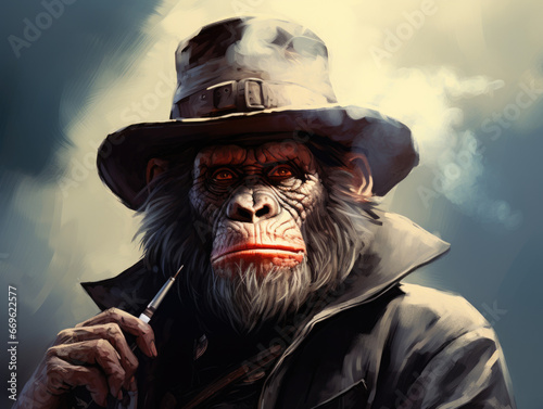 a portrait of a monkey man with a hat and a cigarette