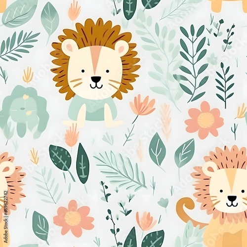 Cute jungle animals with flower and leaf seamless pattern background.