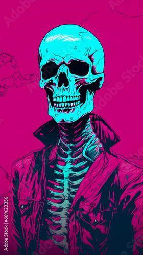 Vaporwave poster of skeleton with nicely done hair, Generative AI