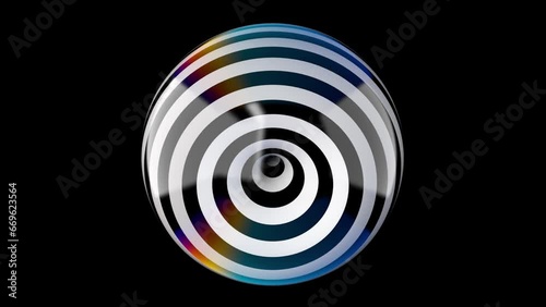 Black and white striped circle shape inside glass sphere. Abstract animation, 3d render.