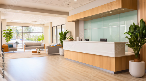 Within a modern medical facility with a warm color scheme, the focus is on the welcoming desk, featuring clean lines, professional design, comfortable seating, and greenery.