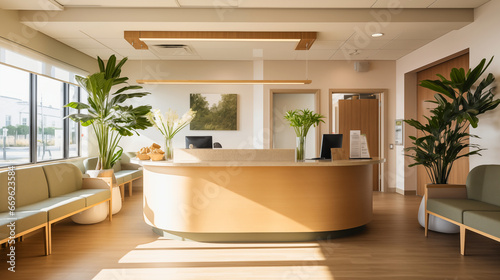 Within a modern medical facility with a warm color scheme, the focus is on the welcoming desk, featuring clean lines, professional design, comfortable seating, and greenery.