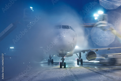 Deicing of airplane before flight. Winter frosty night and ground service at airport during snowfall..