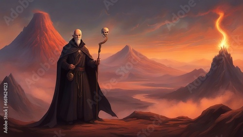 sunset in the mountains A cunning and evil wizard with a bald head, a black cloak, and a scarred face. He holds a wand 
