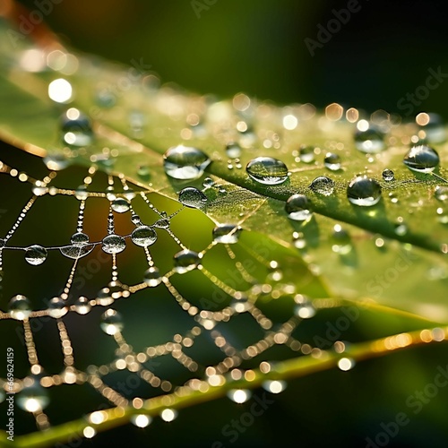 An AI illustration of the water droplets are covered in spider webs on a leaf photo