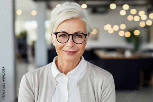 Smiling senior woman with white hair and white clothing posing in an office.