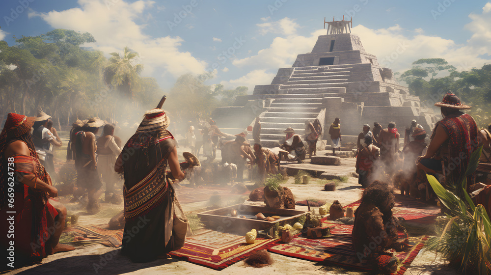Vibrant Mesoamerican gathering beneath a grand pyramid, with tribesmen in ornate garbs performing rituals amidst lush tropical backdrop