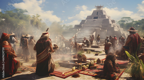 Vibrant Mesoamerican gathering beneath a grand pyramid, with tribesmen in ornate garbs performing rituals amidst lush tropical backdrop
