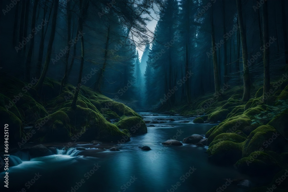 a serene, moonlit forest scene with a tranquil river running through it.