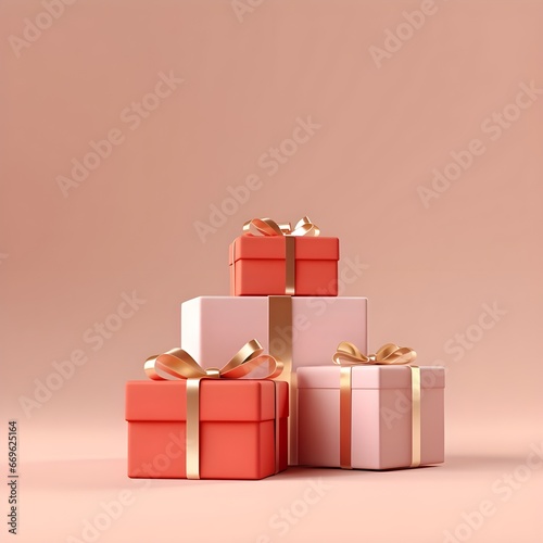 Minimal pink/terracotta background with pink/red/white gift wrapped boxes, stage for product design. Christmas/Valentines themed. Generative AI © Ray