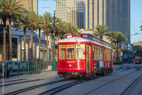  street car at canal street in early morning without people in New Orleans