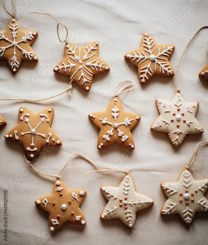 Christmas gingerbread cookies with icing on table