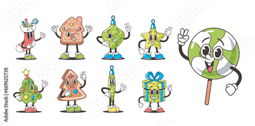 Christmas Retro Groovy Characters Set. Stocking with Sweets, Gingerbread House, Bauble and Star. Xmas Tree, Wrapped Gift