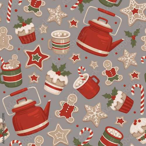 Christmas seamless pattern. Hygge time. Gingerbread cookies, Christmas dessers and drinks. Perfect for wrapping paper, packaging design, seasonal home textile, greeting cards and other printed goods photo