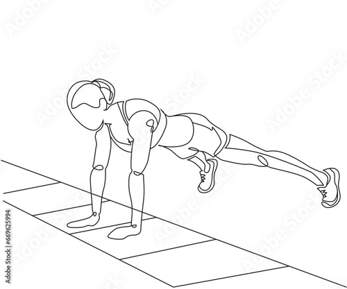 Ladder Plank Walk exercise Line Drawing isolated on copy space white background, Plank side walk exercise editable vector illustration, Continuous one line drawing, work out clip art, exercise drawing
