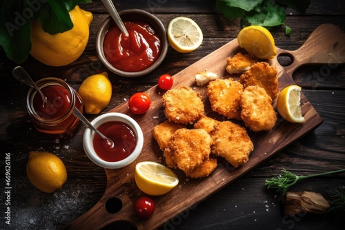 A top-down view of golden crispy chicken nuggets, served with lemon and tomato salsa. photo