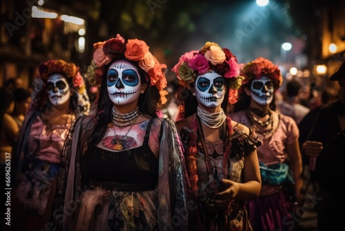 People dressed in traditional Day of the Dead costumes and makeup, participating in a colorful parade or procession. The lively and festive atmosphere of the celebration. Generative AI.