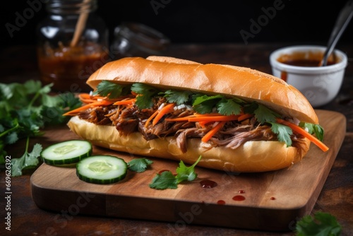 BBQ pork Banh Mi, slow cooked barbecued pork with a sticky glaze, layered with pickled carrots and daikon radish, cucumber slices, cilantro, drizzle of hoisin sauce. photo