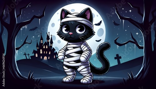 Illustration of a sleek black cat dressed as a mummy, with white bandages wrapped around its body, standing against a spooky moonlit backdrop with haunted houses in the distance.
