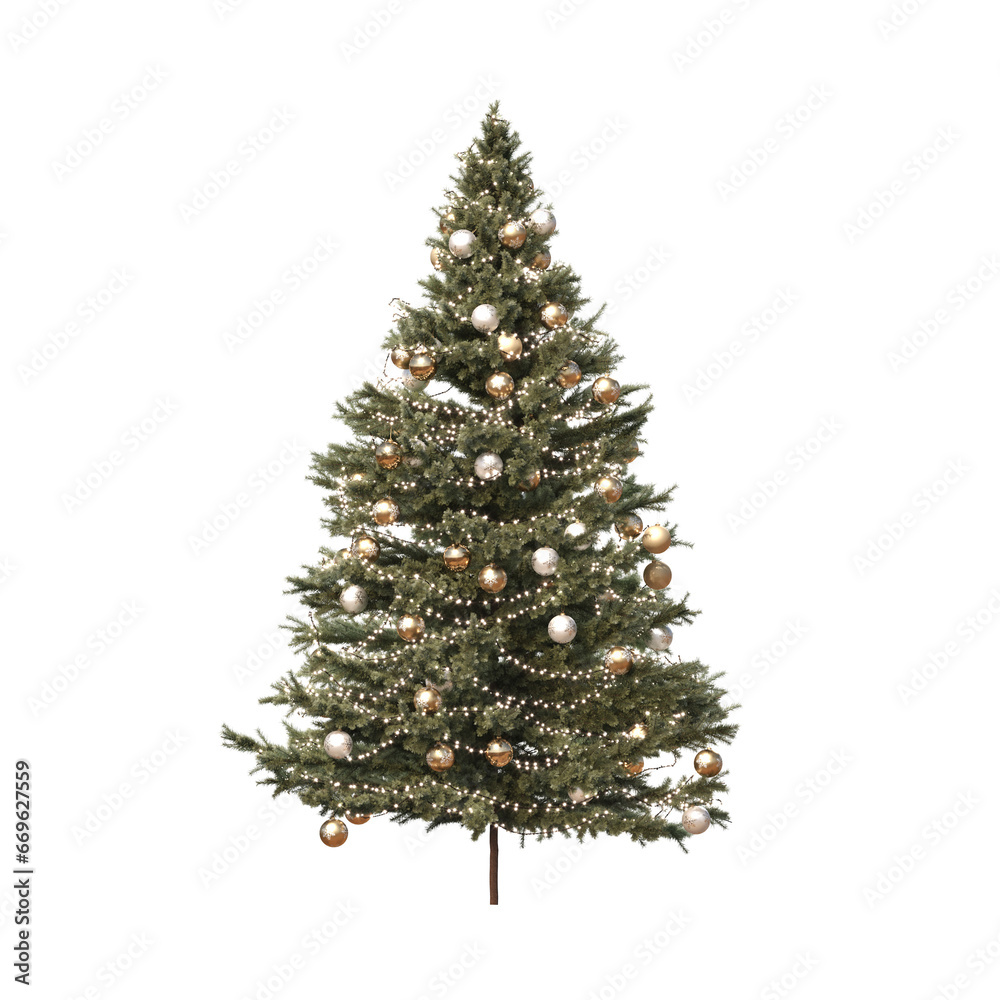 Christmas tree with decorations, isolate on a transparent background, 3d illustration, cg render