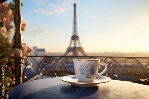 Morning in Paris. A cup of tea or coffee is on the table on the balcony overlooking the Eiffel Tower © leriostereo