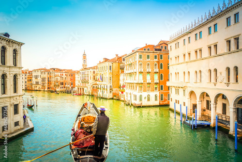 Grand Canal with facades of historical houses, Venice Italy, toned image