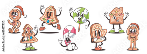 Retro-style Christmas Sweets Characters. Nostalgic Gingerbread Man, Candy Cane, And Lollipop In Vintage Hues
