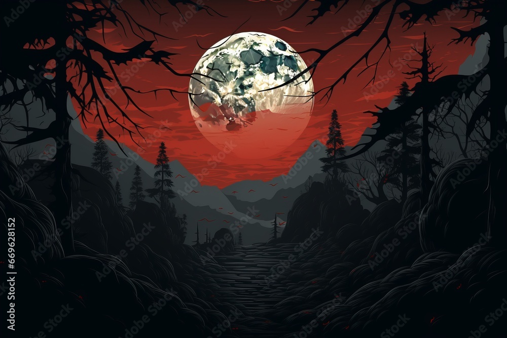 Lone moon behind dark trees, set against a red sky for an eerie and mysterious atmosphere.

