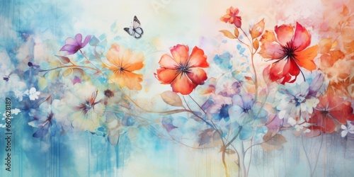 Wide view of a flower and a single butterfly, rendered in an artistic form for a poetic experience.
